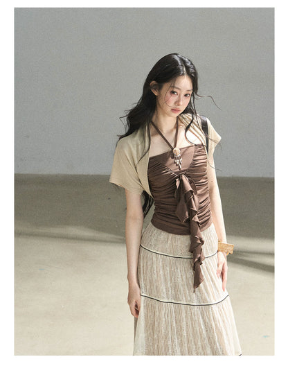 "In the Evening Breeze" Chestnut Brown Halter Ruched Top & Milk Tea Shrug Set