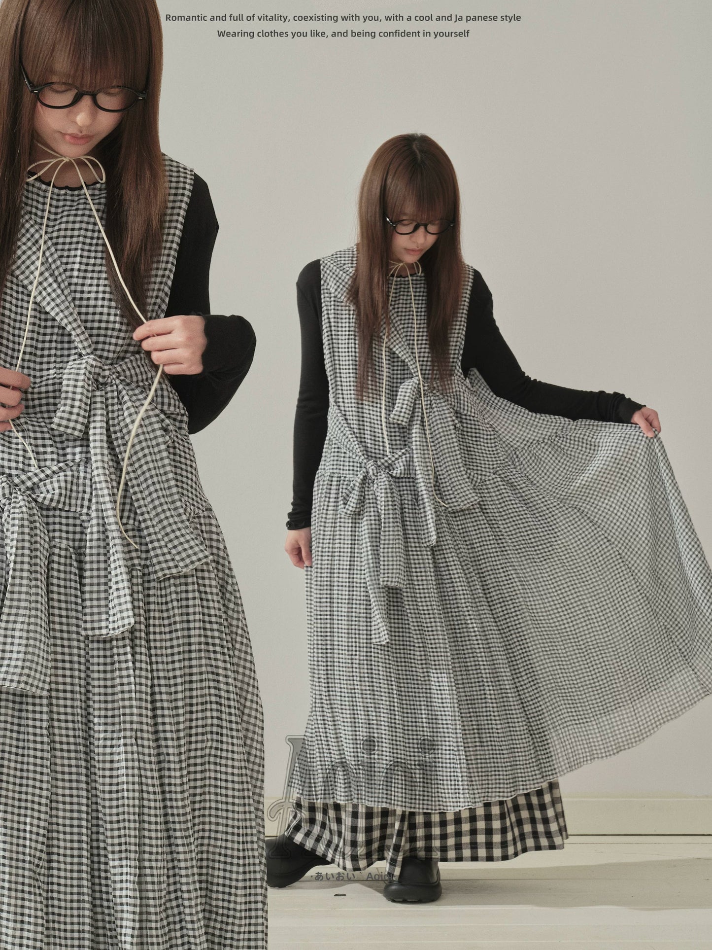 "Heritage Ribbon" Black & White Plaid Plaid Bow Maxi Dress