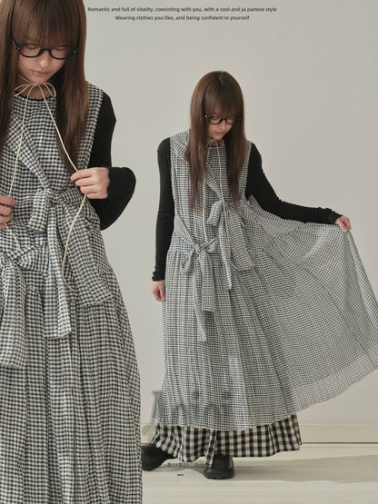 "Heritage Ribbon" Black & White Plaid Plaid Bow Maxi Dress