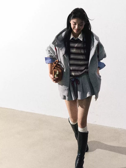 OAKMOO/ "A Trace of Self" Light Heather Gray Miu-Inspired Sporty Hoodie & Skirt Set