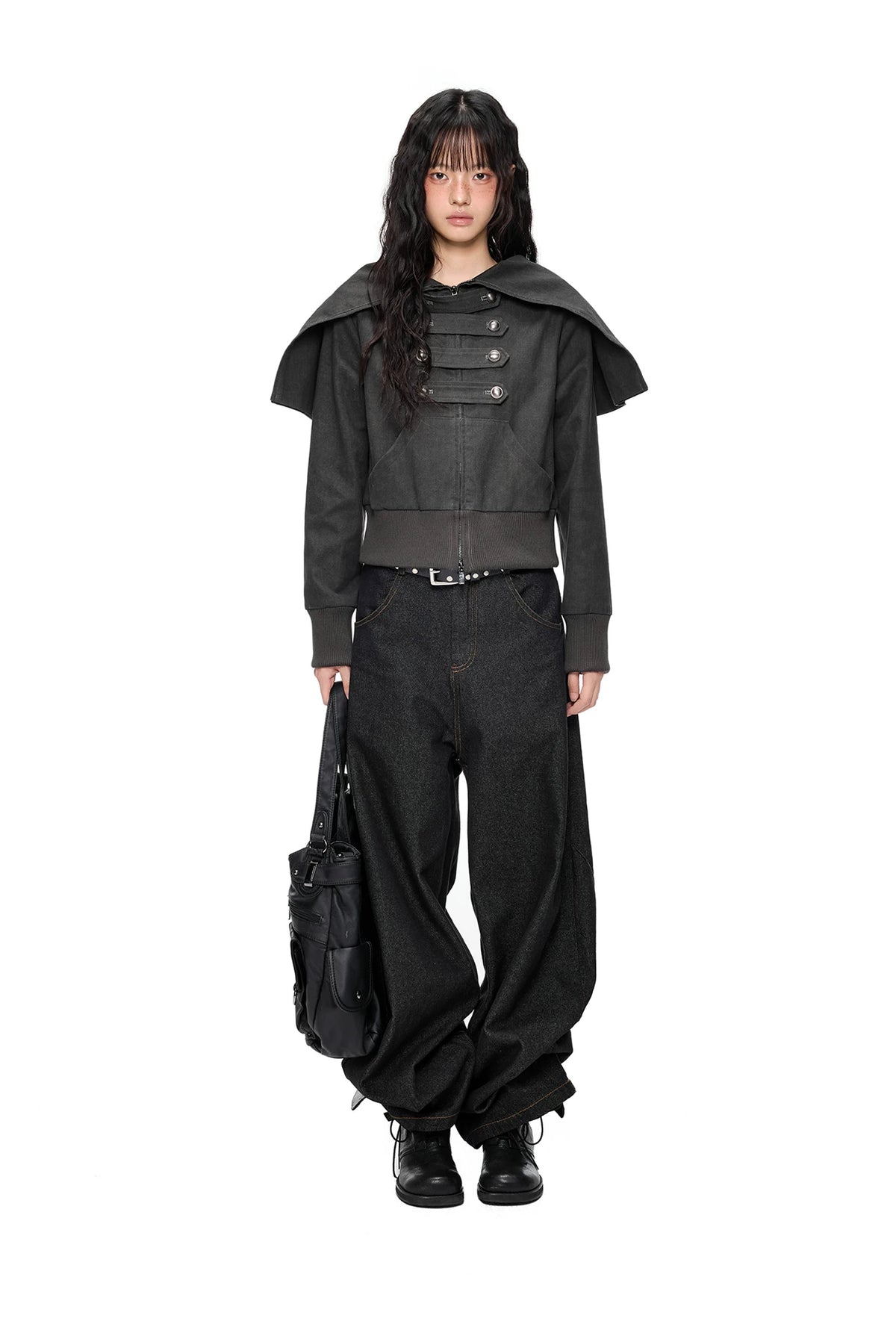 EZEK | Cropped Hooded Sweatshirt Jacket with Double Metal Snap Closure (Black / Gray)