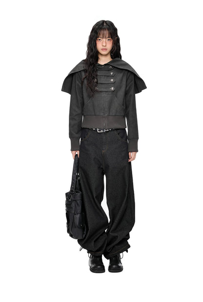 EZEK | Cropped Hooded Sweatshirt Jacket with Double Metal Snap Closure (Black / Gray)