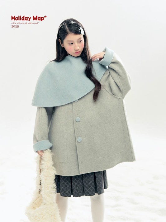 "Double Winter Embrace" Blue & Gray Reversible Wool-Blend Cape Coat