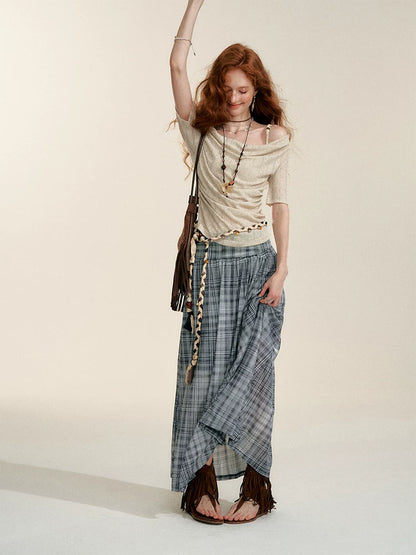 Gray Contrast Plaid A-Line Maxi Skirt