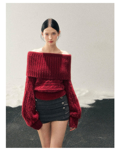 少也眼 "Crimson Glow on the Shoulders" Off-Shoulder Cable Knit Cropped Sweater