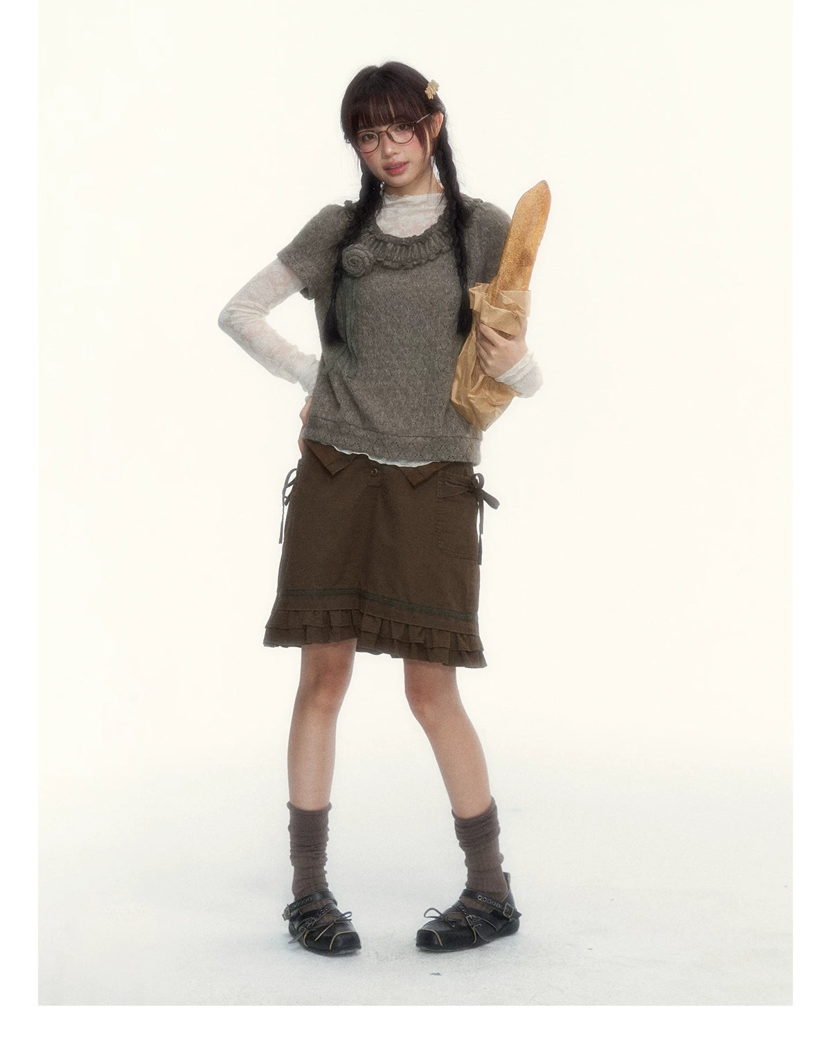 “Hazelnut Mousse” Tea Brown Vintage 3D Floral Ruffle Knit Top