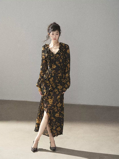 AOMALM - Black & Golden Brown Floral Ruffle Maxi Dress with High Side Slit