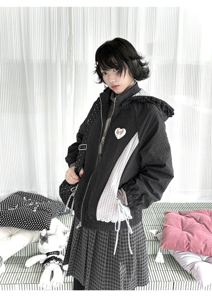 "Cold Air" Black Padded Jacket / Base Layer Top / Polka Dots Skirt / Sweatpants Set