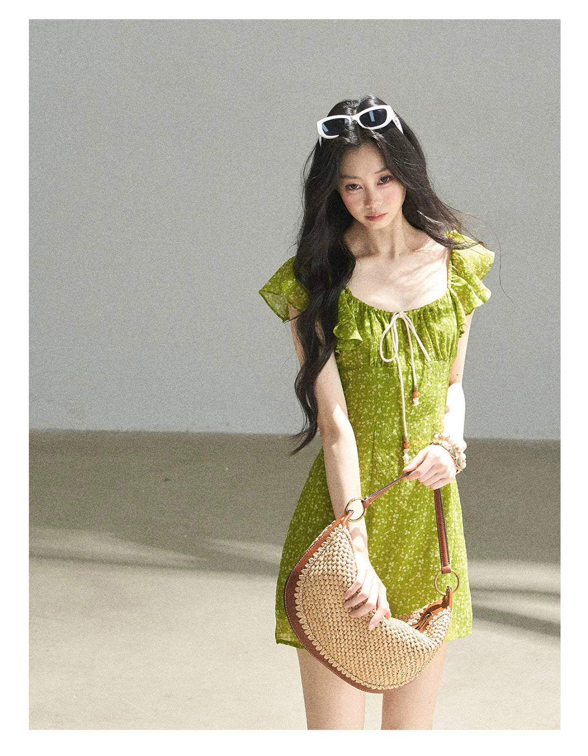 "Emerald Breeze" Primrose Green Floral Chiffon Mini Dress