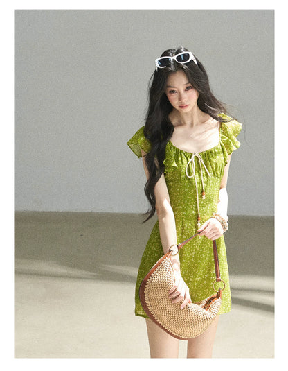 "Emerald Breeze" Primrose Green Floral Chiffon Mini Dress