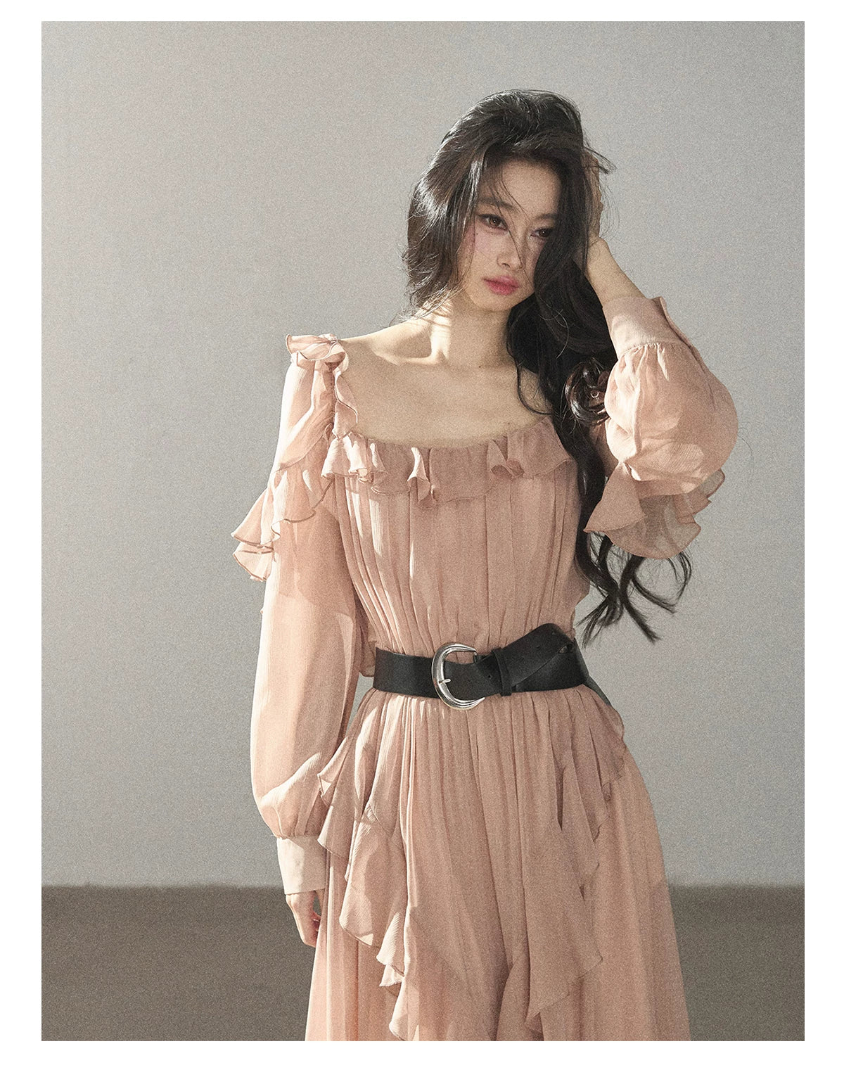 AOMALM - "Waiting for Sunset" Soft Pink French Ruffle Maxi Dress with Belt