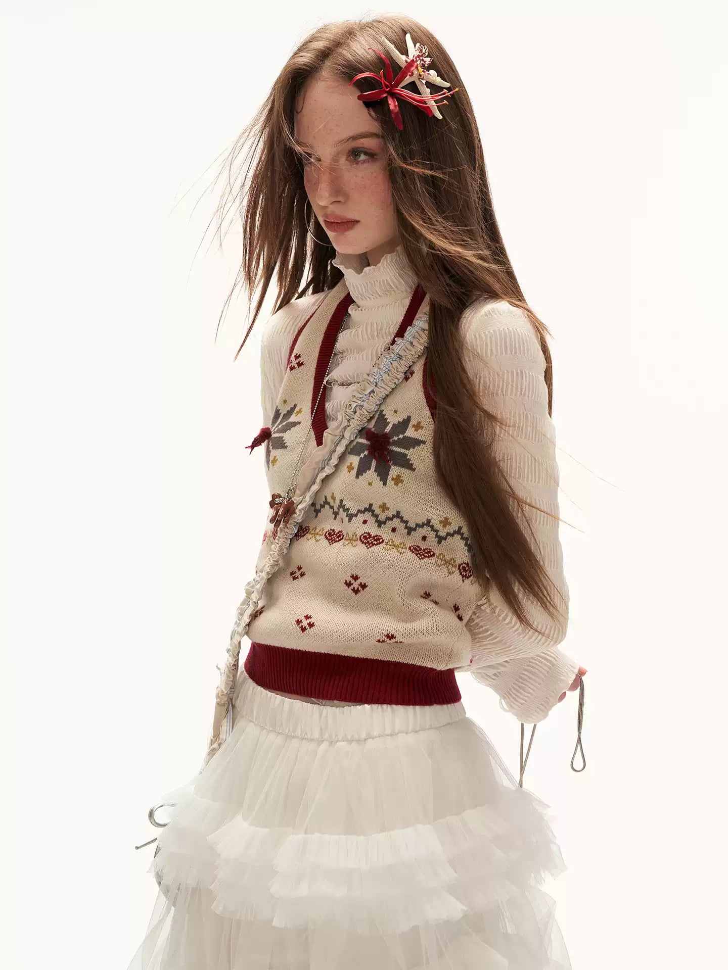 MAMC - Soft Beige Fair Isle Halter V-Neck Knit Vest WE872