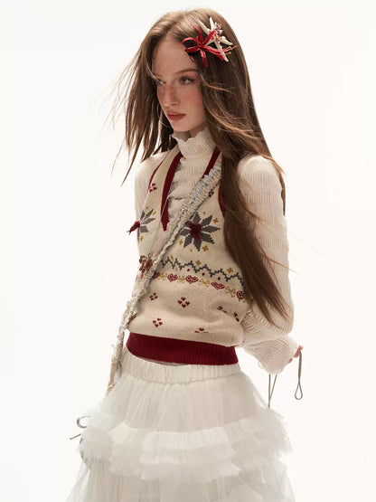 MAMC - Soft Beige Fair Isle Halter V-Neck Knit Vest WE872