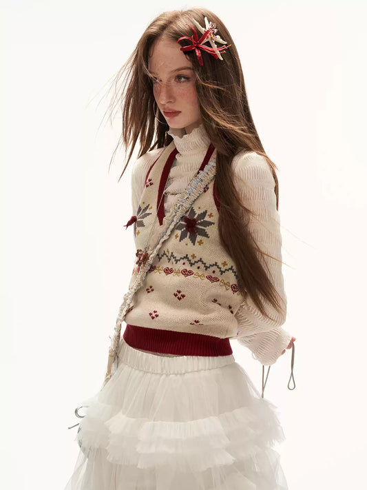 MAMC - Soft Beige Fair Isle Halter V-Neck Knit Vest WE872
