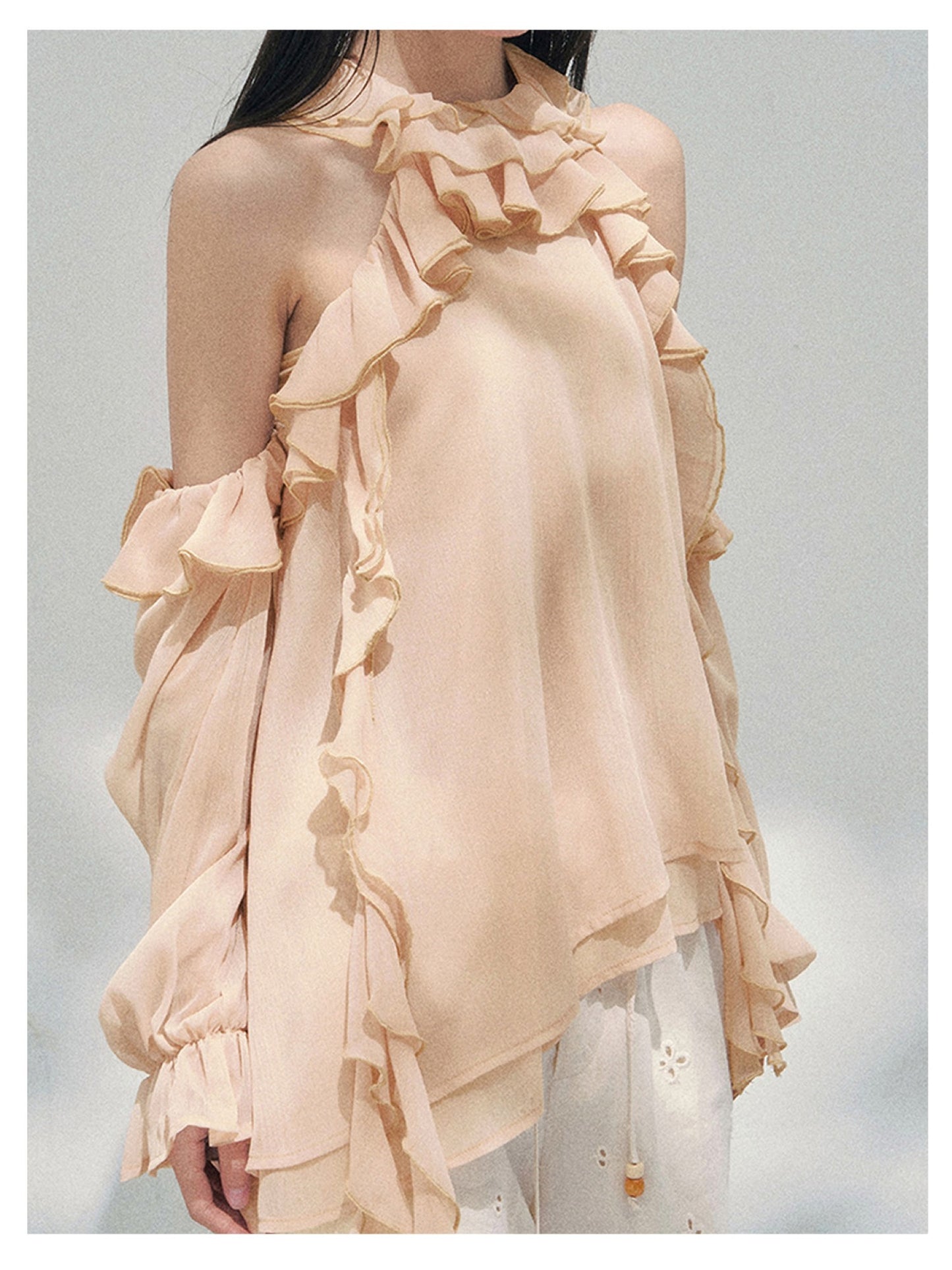少也眼 “Heidi Heiress” Light Sand Sheer Ruffle Top 142