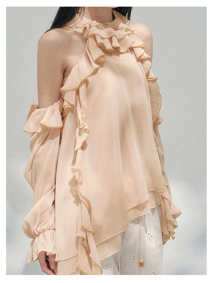 少也眼 “Heidi Heiress” Light Sand Sheer Ruffle Top 142