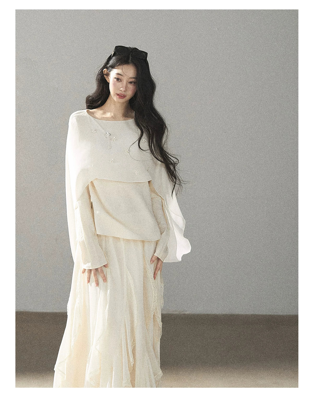 AOMALM - Layered Chiffon Shawl Top with Floral Detail