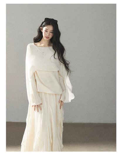 AOMALM - Layered Chiffon Shawl Top with Floral Detail