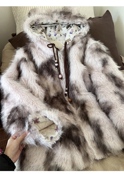 阮阮自制 - "Sweet Beauty Mark" Ombre Faux Fur Hooded Puffer Jacket