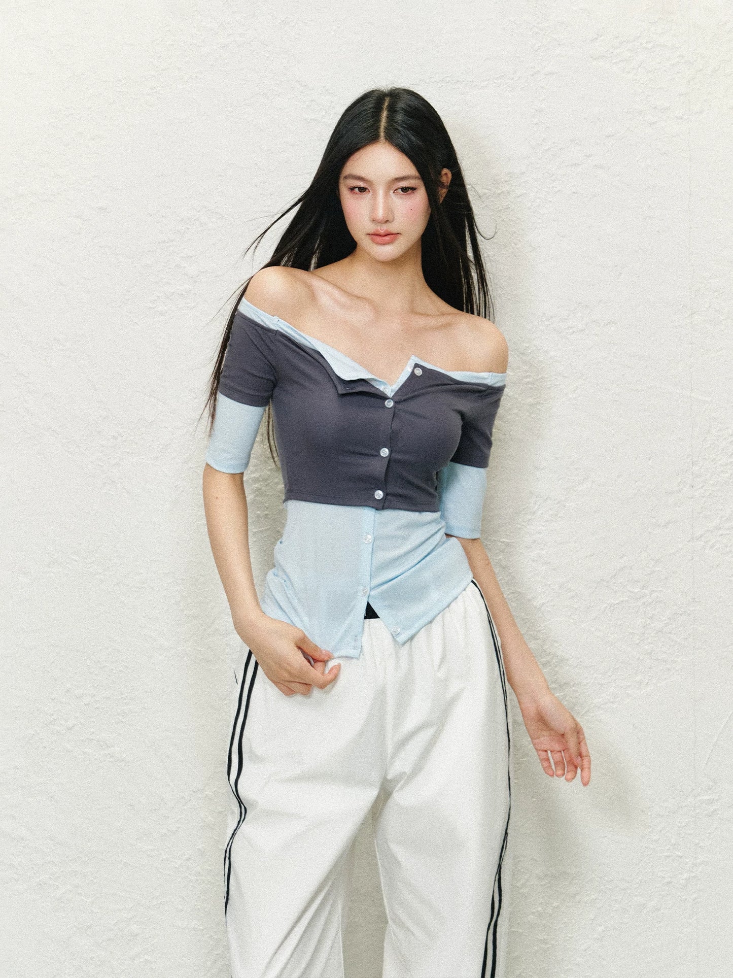 Layered Off-Shoulder Contrast Lyocell Knit Top (Floral White Contrast/ Red & White Stripe/ Gray Blue Contrast)