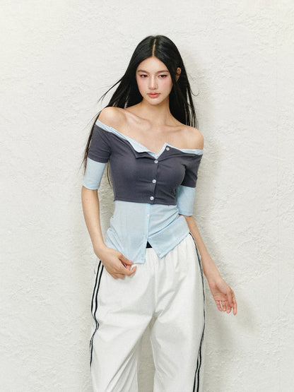 Layered Off-Shoulder Contrast Lyocell Knit Top (Floral White Contrast/ Red & White Stripe/ Gray Blue Contrast)