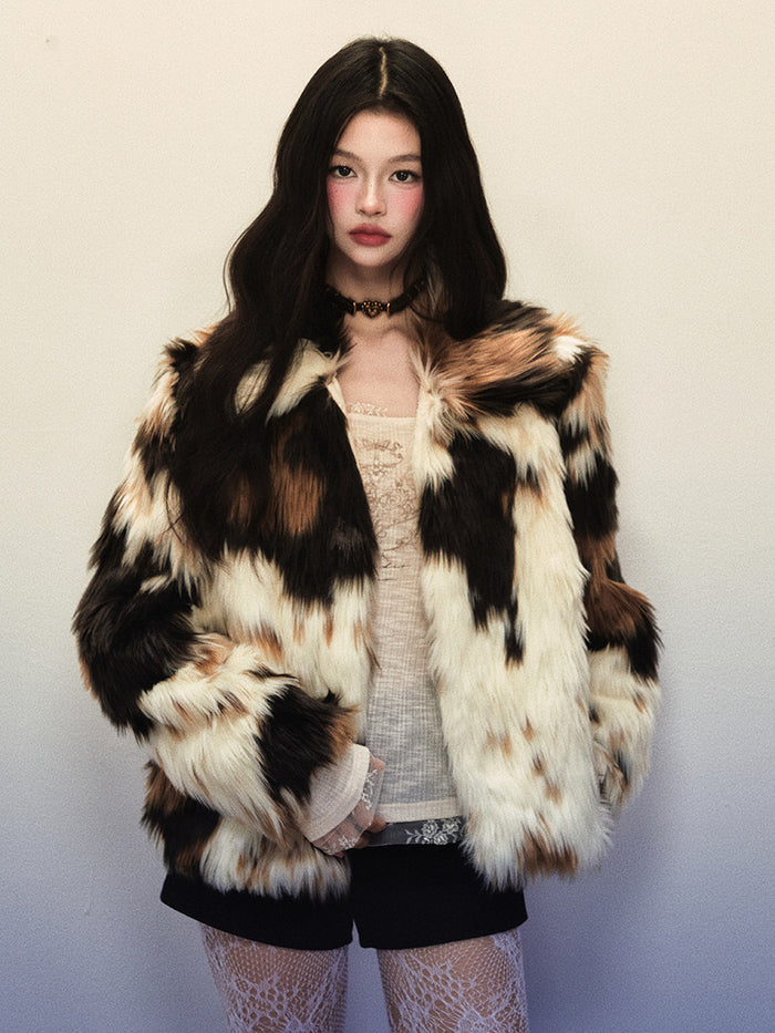 1P - Calico Cat Color-Block Faux-Fur Coat