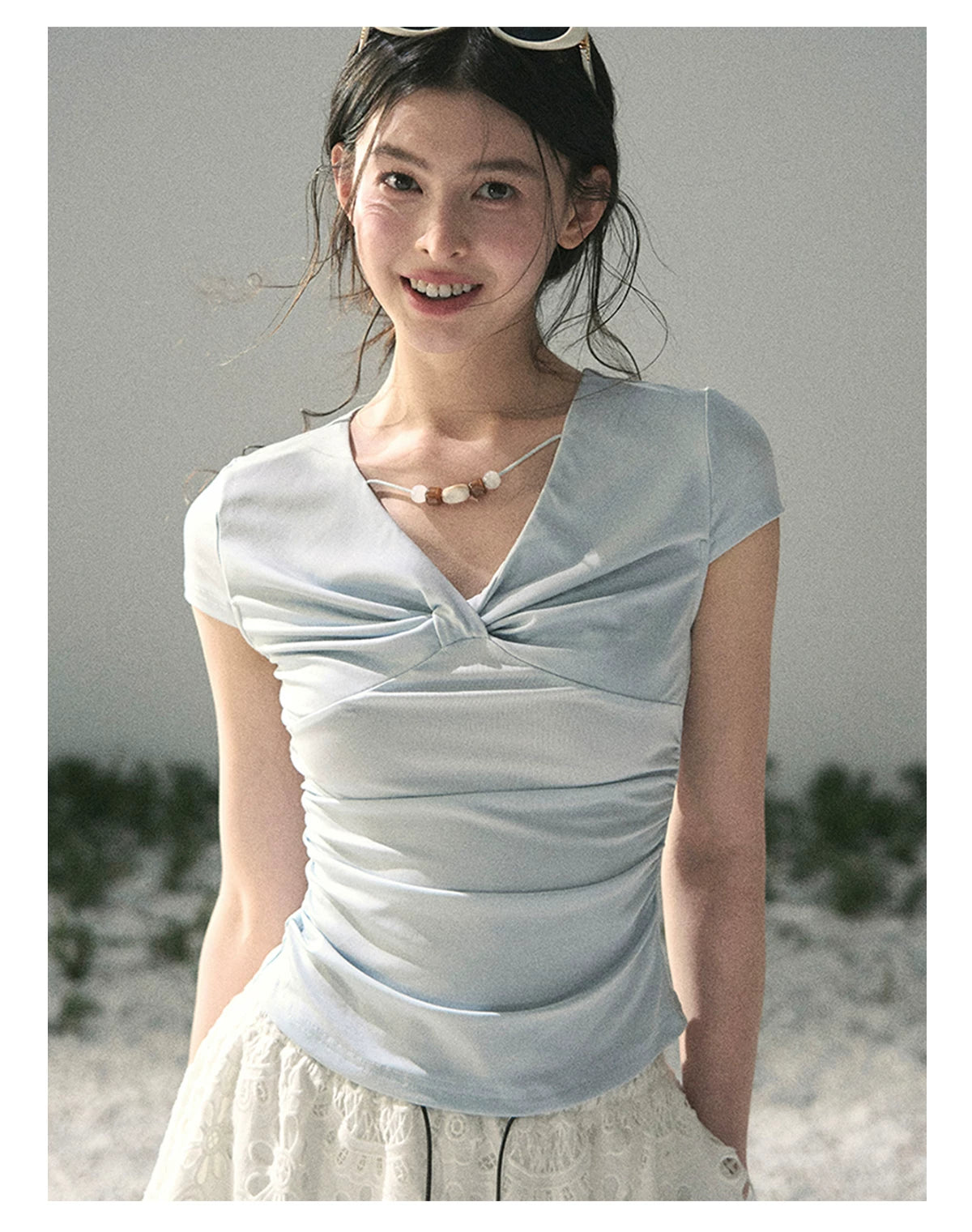 “Sheer Spring Whisper” Moonlight Blue Twist V-Neck Top