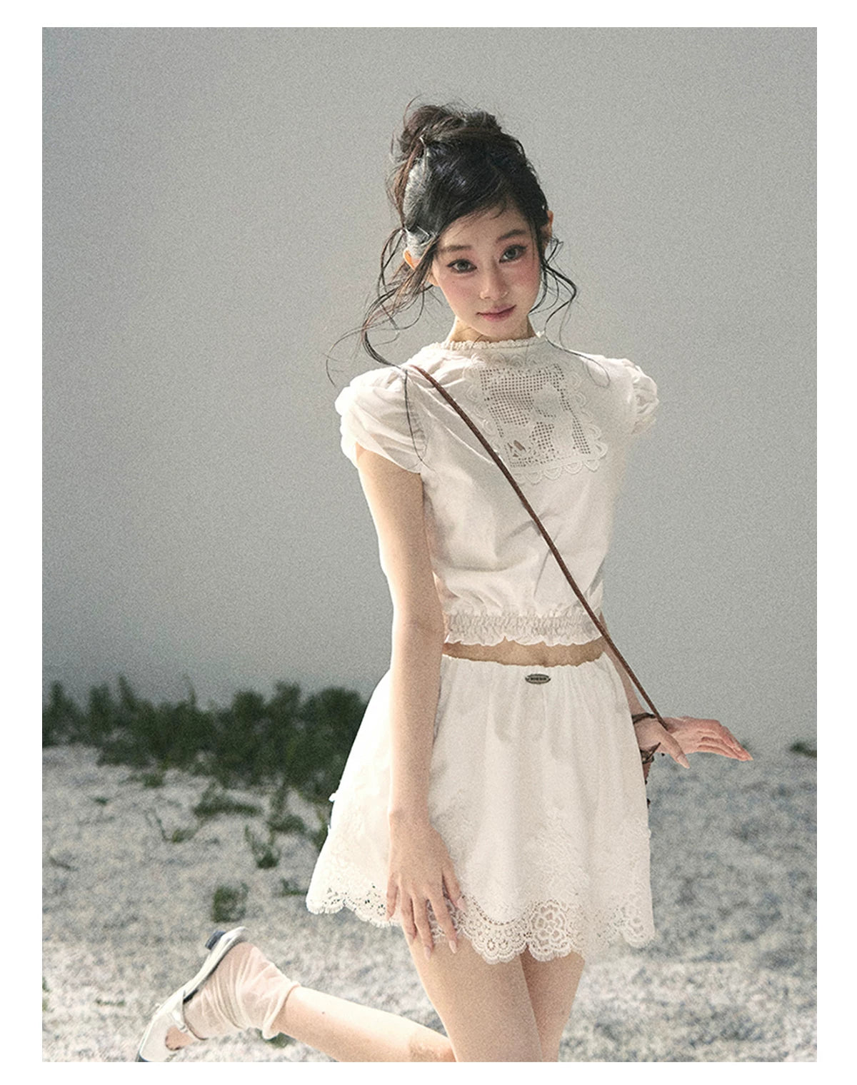 "Rose Petals in Secret" Cloud White Lace Two-Piece Skirt Set 142453