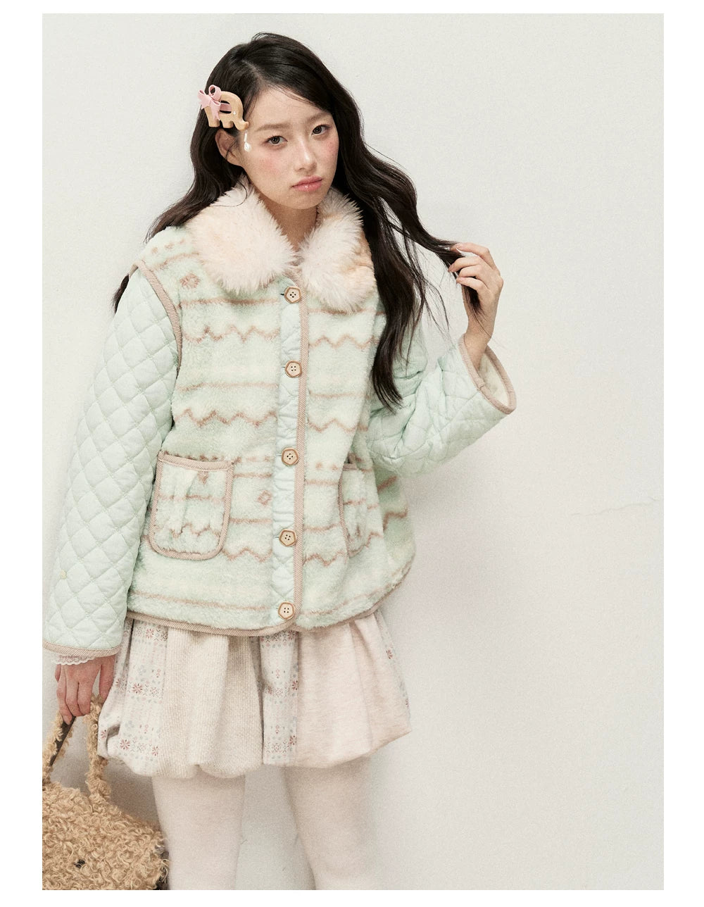 RF - Mint Green and Light Brown Fair Isle Quilted Faux Fur Vest Jacket