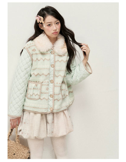 RF - Mint Green and Light Brown Fair Isle Quilted Faux Fur Vest Jacket
