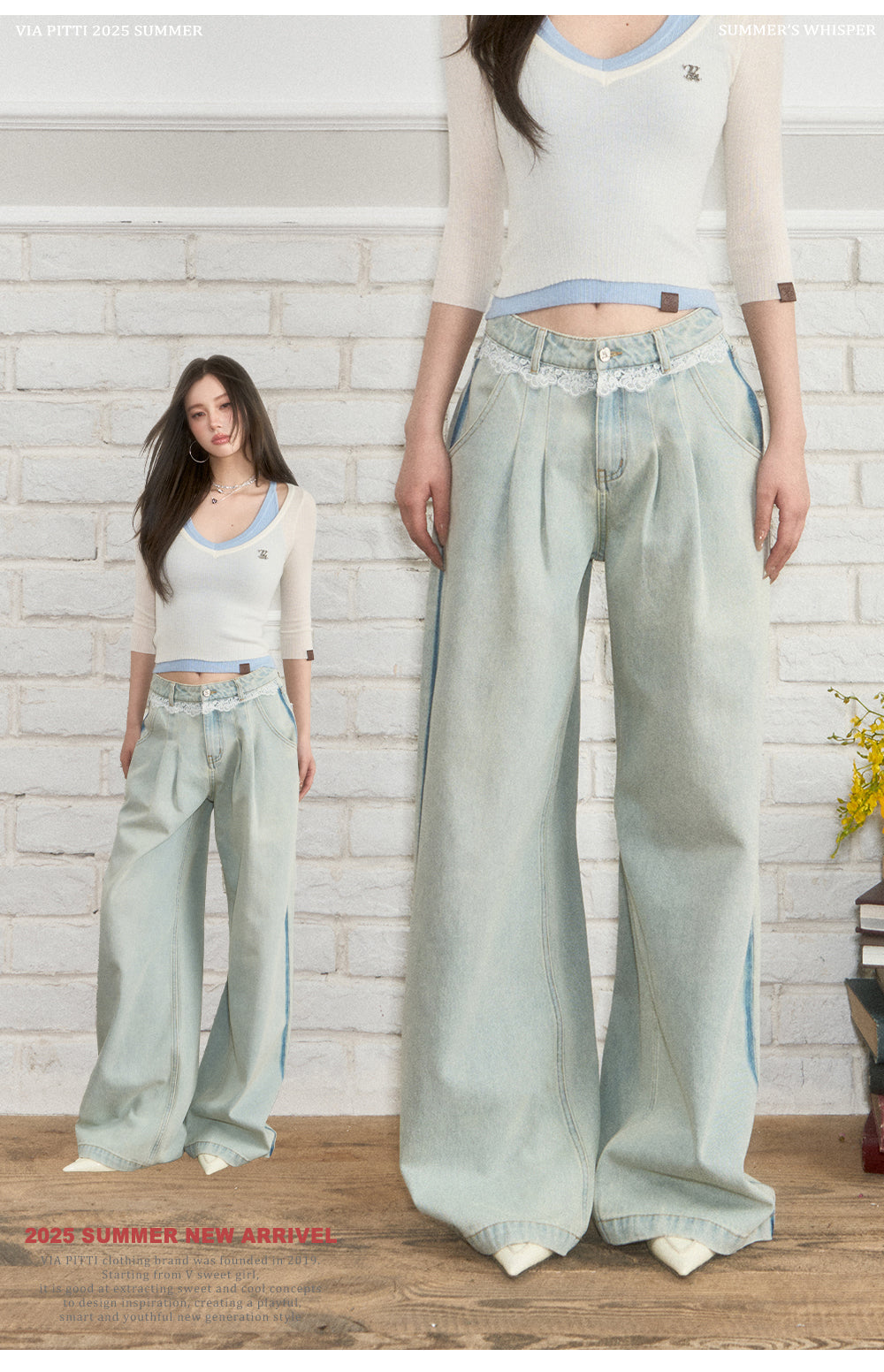 VIAPITTI - Lace Panel Straight-Leg Jeans (Light & Dark Blue)