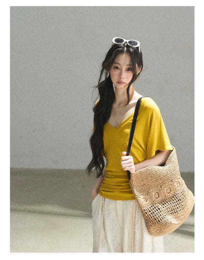 "The First Ray of Sunshine" V-Neck Crop Tee (Ginger Yellow. Creamy Apricot White)