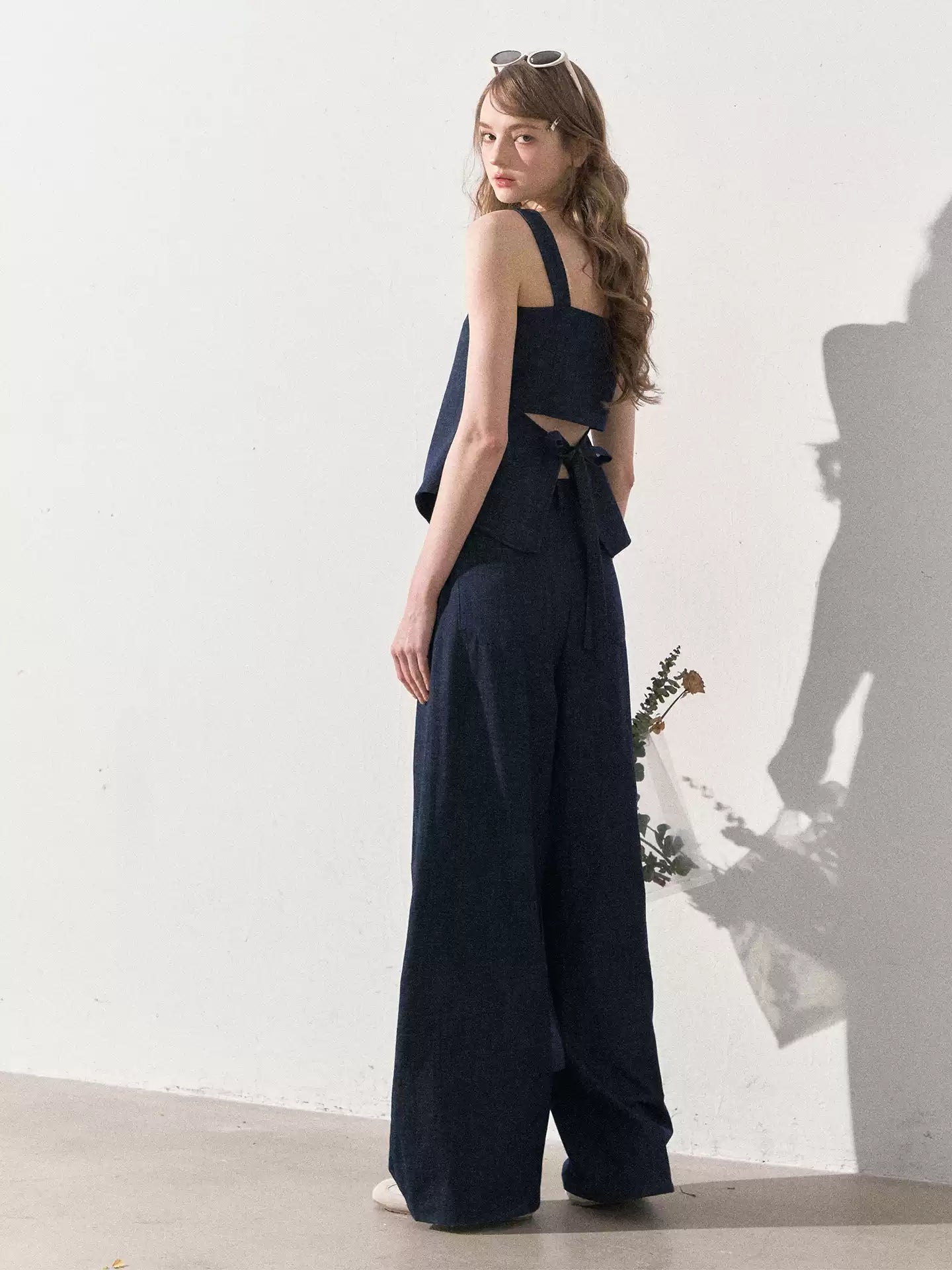 "Season of Ease" Vintage Navy Faux Denim Vest & Wide-Leg Pants Set