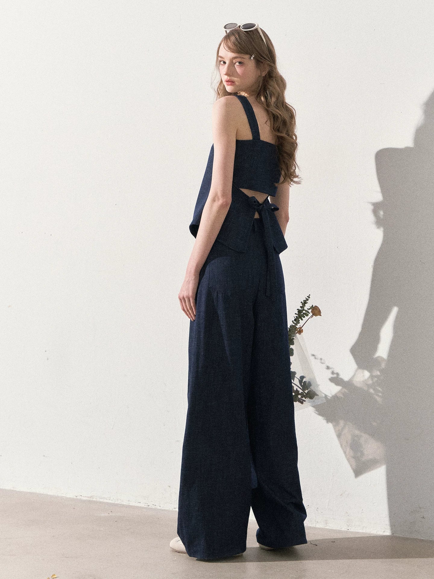 "Season of Ease" Vintage Navy Faux Denim Vest & Wide-Leg Pants Set