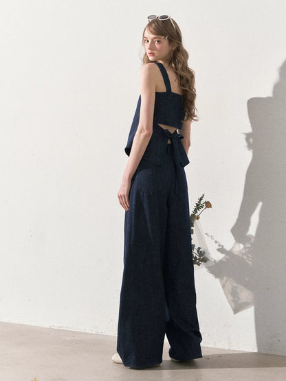 "Season of Ease" Vintage Navy Faux Denim Vest & Wide-Leg Pants Set