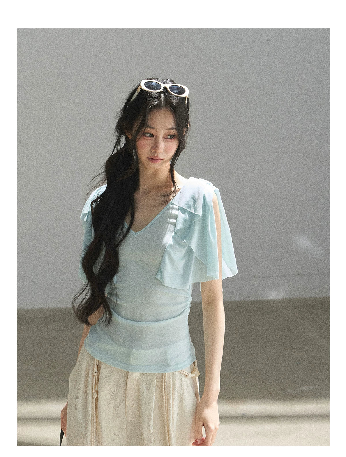"Where Clouds Fall" Ruffle Sleeve V-Neck Crop Top (Forest Green/ Sage Gray/ Misty Blue/ Cinnamon Pink)