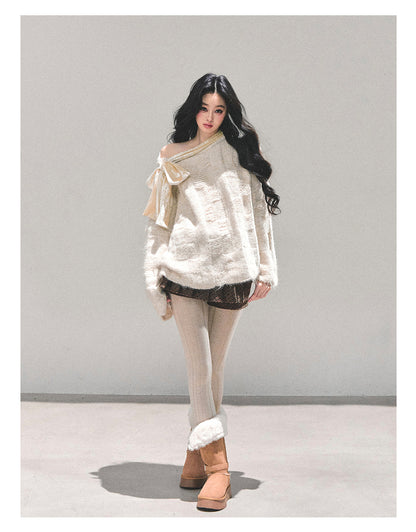 少也眼 "She Walks Through Morning" Bow-Knit Off-Shoulder Sweater - Almond Beige 58634584