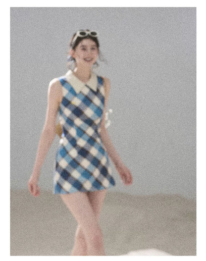 "Sunset by the Shore" Vintage Blue Plaid Polo Mini Dress 358648564