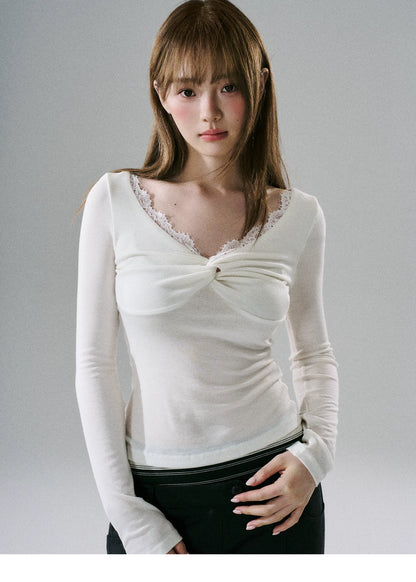 LOST FOREST - Lace Twist-Font Fitted Top (Cream White / Goose Yellow)