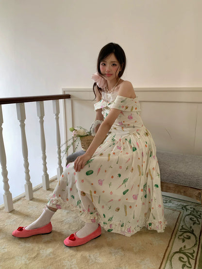 “Verdant Orchard Reverie” Beige Fruit Print Off-Shoulder Dress