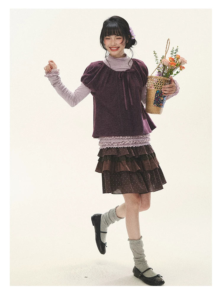 "Violet Journal" Grape Purple Bow Lace Short Sleeve Knit Top