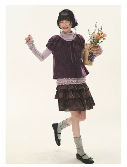 "Violet Journal" Grape Purple Bow Lace Short Sleeve Knit Top