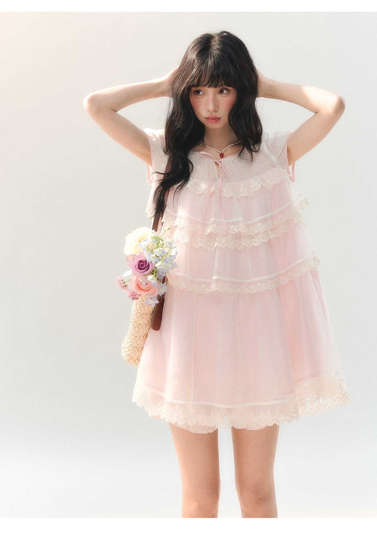 [CAN] "Peach Mist Sorbet" Pink Lace Chiffon Dress Set
