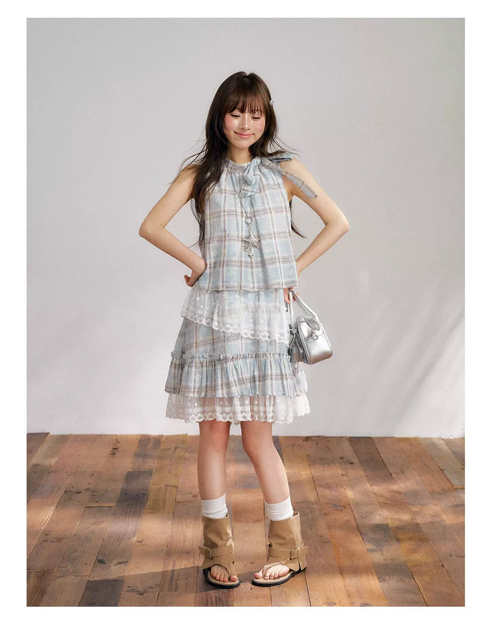 “Berry Fairytale Sonata” Misty Blue Ribbon Neck Lace Dress