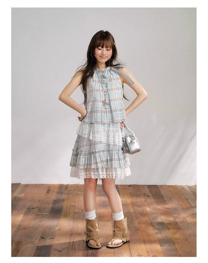 “Berry Fairytale Sonata” Misty Blue Ribbon Neck Lace Dress