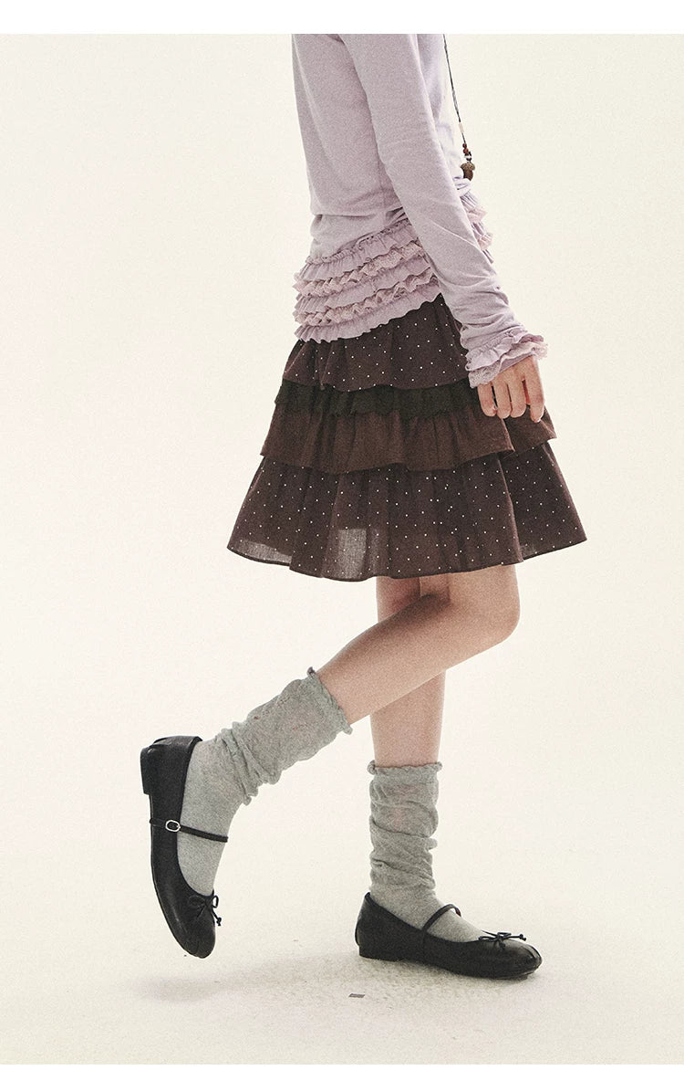 "Caramel Lace Notes" Brown Polka Dot Tiered Lace Midi Skirt