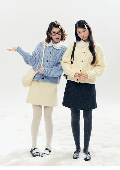 "Cotton Mousse" Cable Knit Cardigan with Detachable Ruffle Collar (Cotton Blue/ Soft White)