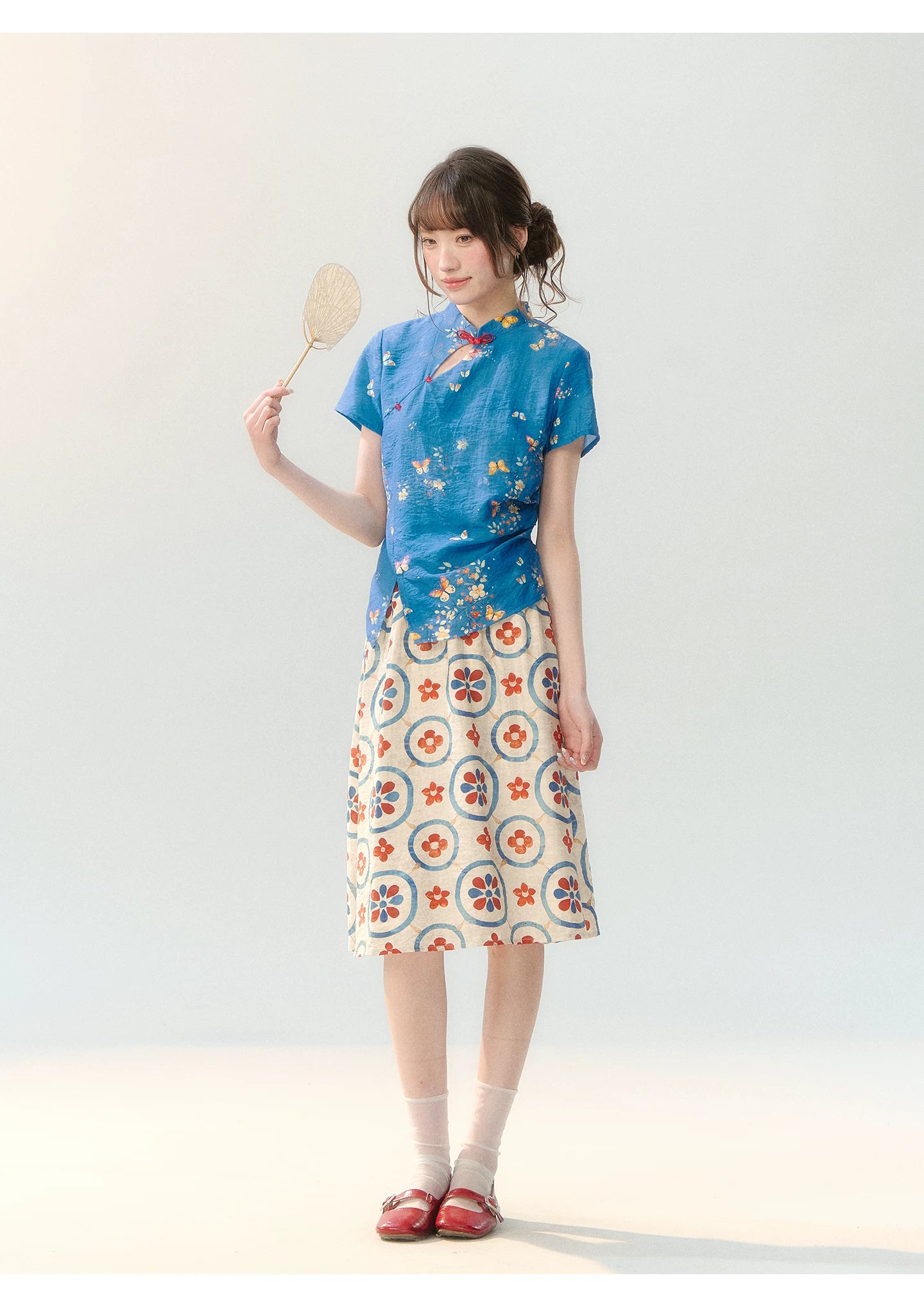 "Garden Letter" Blue Floral New Chinese Two-Piece Skirt Set