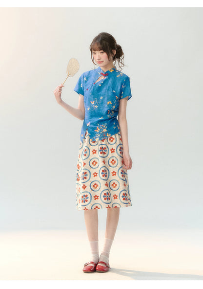 "Garden Letter" Blue Floral New Chinese Two-Piece Skirt Set