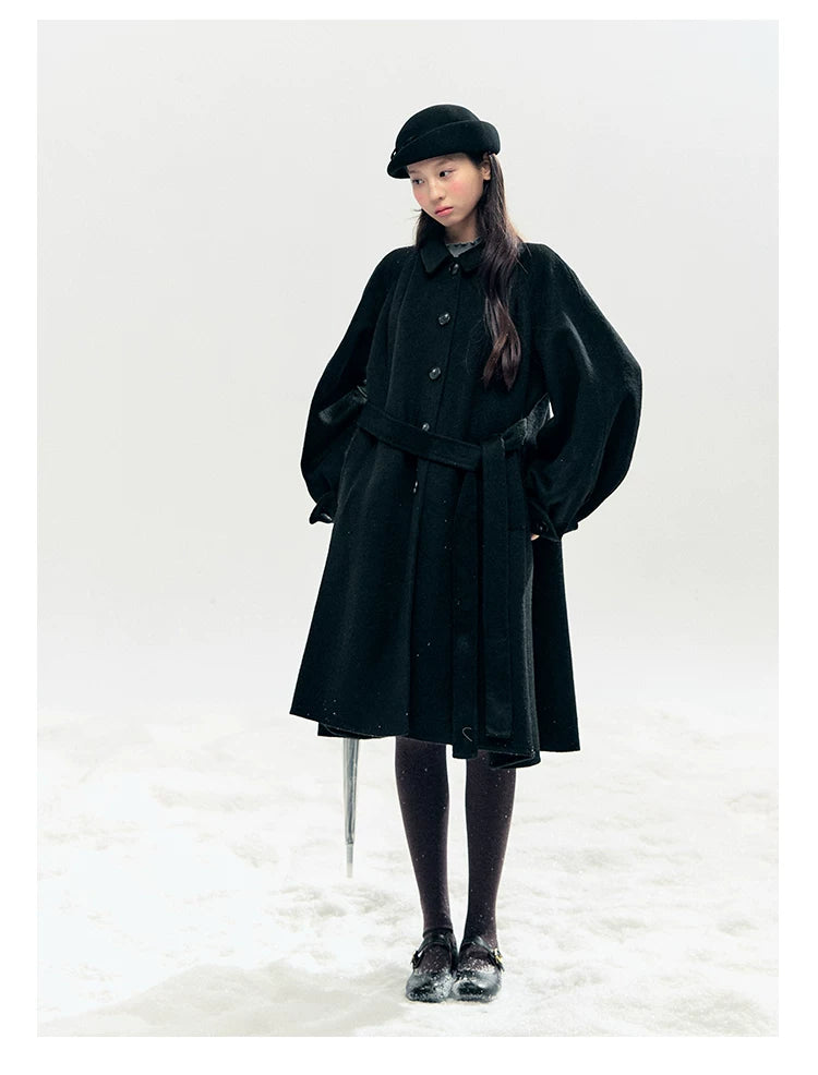"Black & White Waltz" Hand-Stitched Wool-Blend Swing Coat (Ivory/ Black)